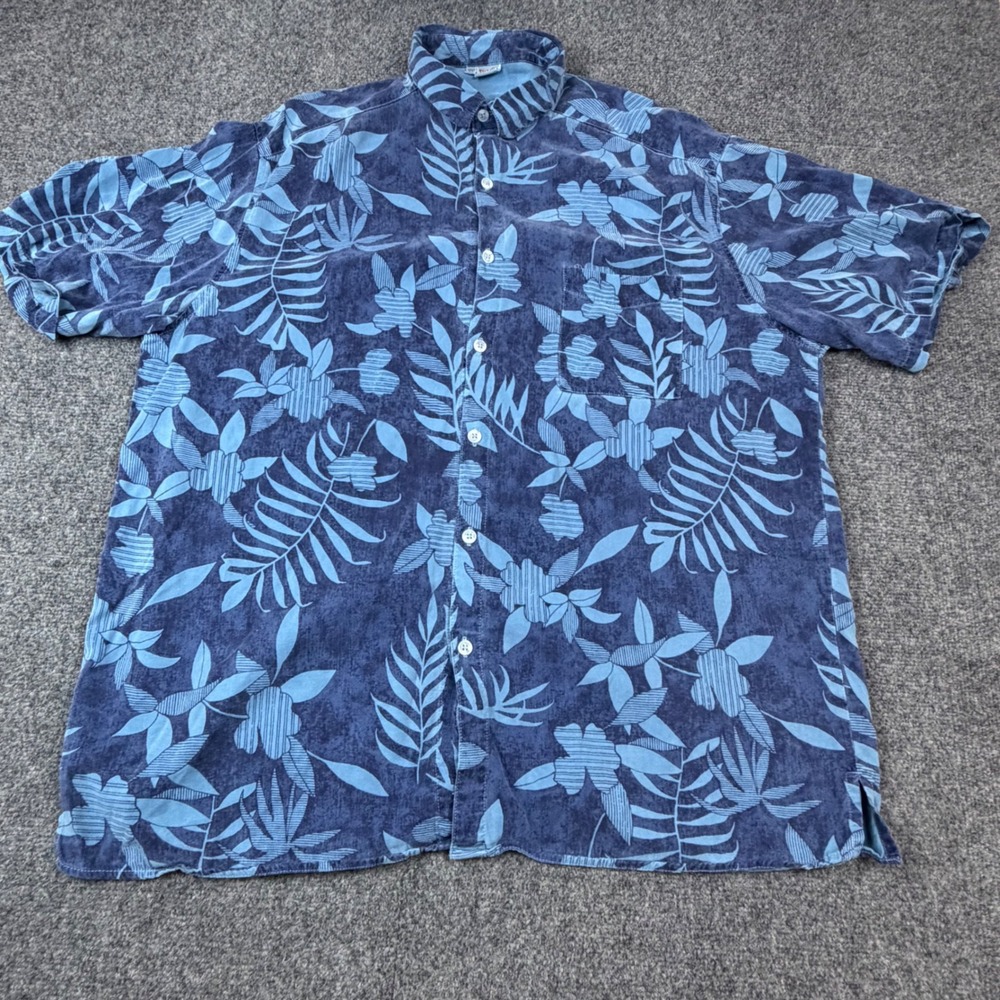 VTG Tianello Men XL Blue Tropical Floral Button Down Shirt Short Sleeve Made USA